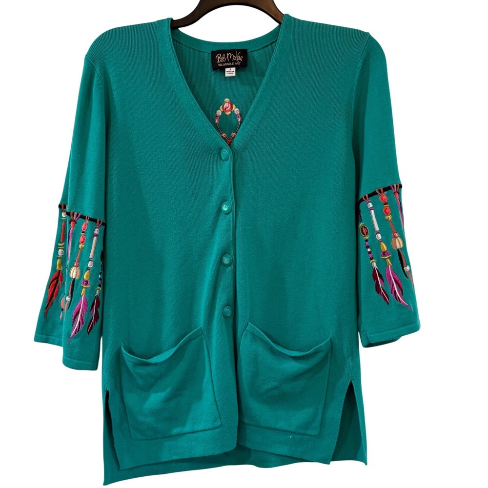 Bob Mackie Boho Cardigan Embroidered Dreamcatcher Southwestern Embroidery - Picture 4 of 10